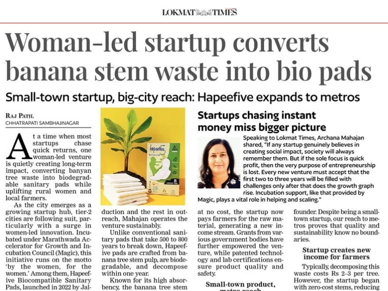 Lokmat Times feature on Hapeefive, the woman-led startup converting banana stem waste into biodegradable sanitary pads